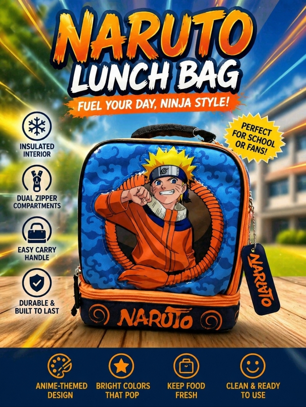 Naruto Lunch Box Anime Manga Insulated Dual Compartment Kids Lunch Bag Tote